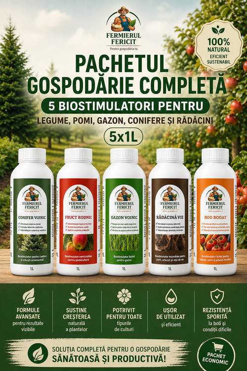 Pachetul Gospodărie Completă – 5 Biostimulatori pentru Legume, Pomi, Gazon, Conifere și Rădăcini (5x1L)