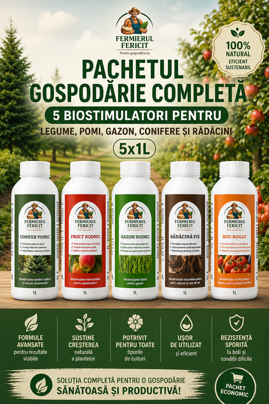 Pachetul Gospodărie Completă – 5 Biostimulatori pentru Legume, Pomi, Gazon, Conifere și Rădăcini (5x1L)