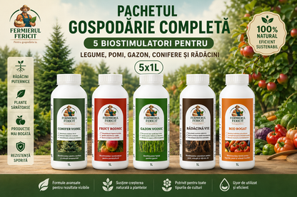 Pachetul Gospodărie Completă – 5 Biostimulatori pentru Legume, Pomi, Gazon, Conifere și Rădăcini (5x1L)